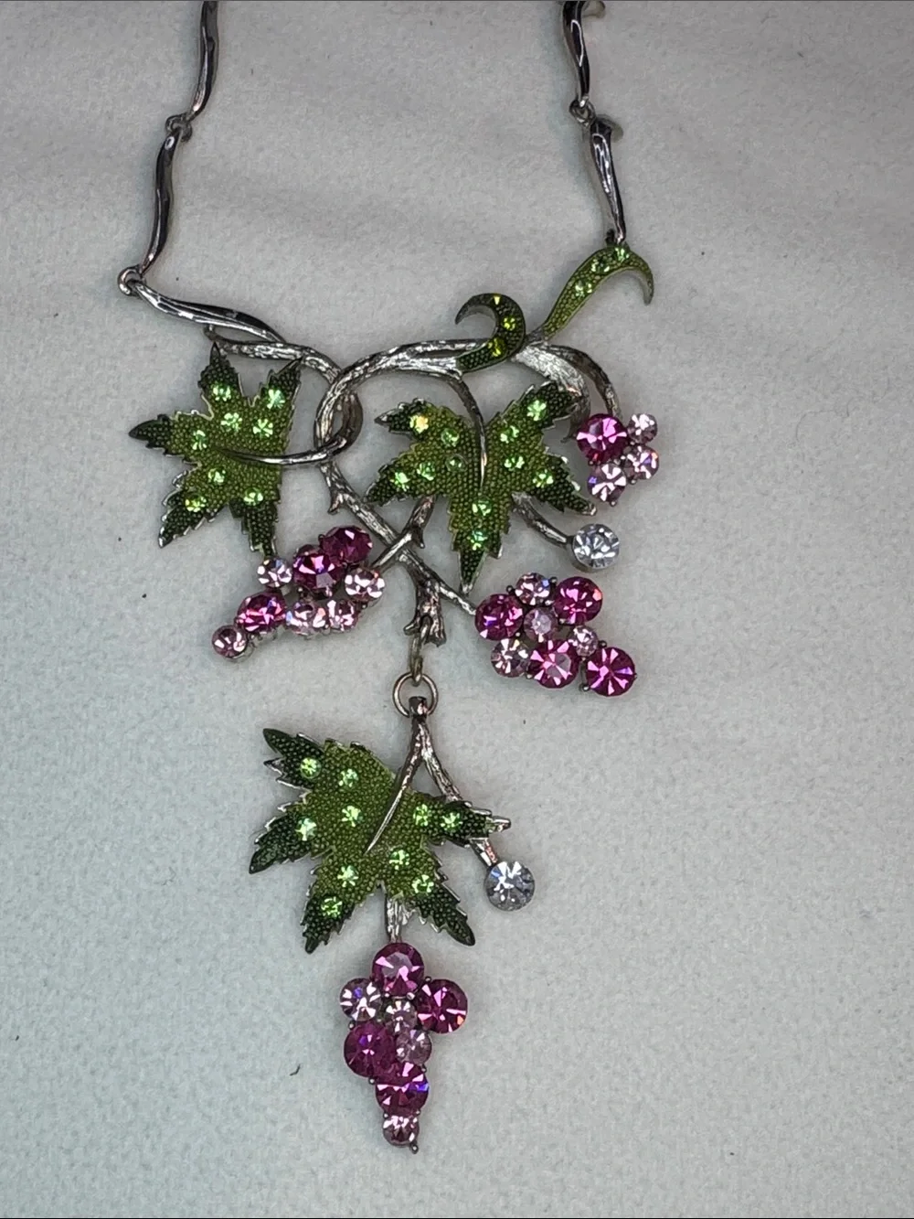 Pink Crystal Grape Necklace & Earring Set with Green Leaf Accents